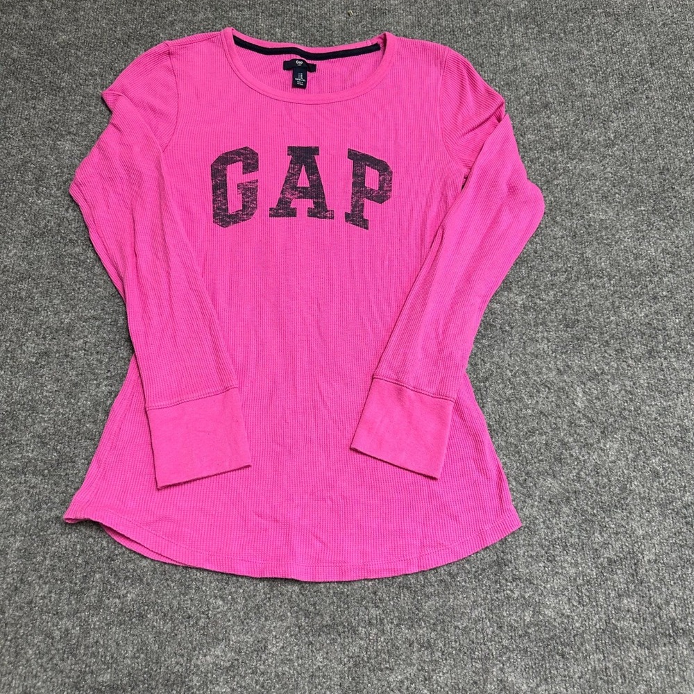 Gap Shirt Womens Size M Pink Waffle Knit Thermal Logo Graphic Slim Long Sleeve